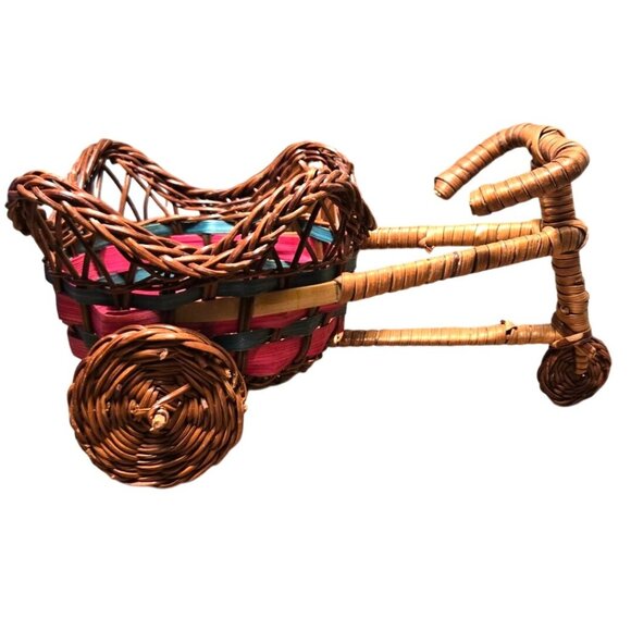 Vintage Wicker Tricycle Planter Basket With Colorful Weave Design boho cottage - Picture 2 of 9
